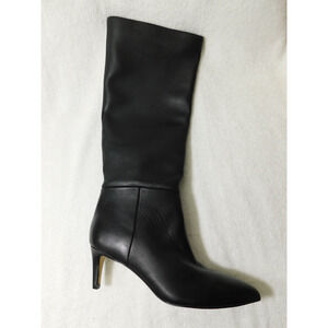 W655 Calvin Klein Black Pointy Toe Stiletto Heel Knee High Leather Boots - 7.5 M